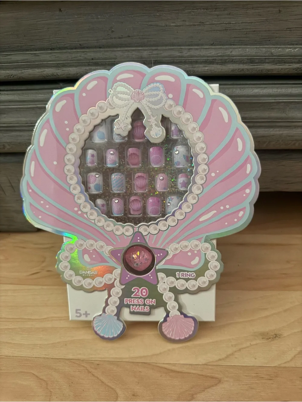 Kids Press-On Nail Set with Ring - Pink Shell Design